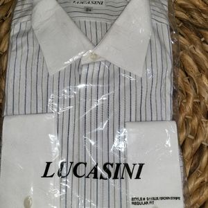NWT Lucasini Men's Dress Shirt. White w/ Blue & Brown Pinstripes. Size 16.5